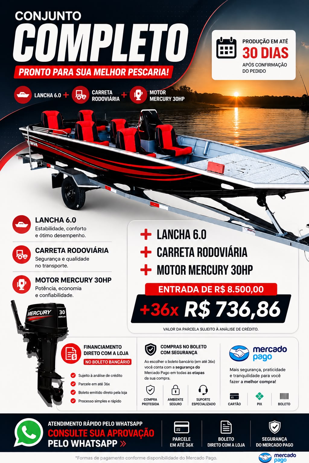 LANCHA 6M PLUS + CARRETA + MERCURY 30HP 2T 2026 