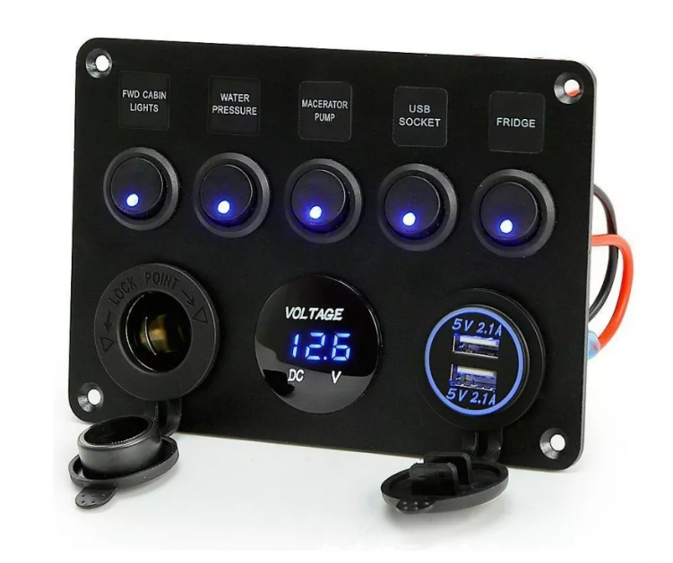 Painel Multi-Funções, com 5 Botões e Voltímetro, USB, Carregador de Celular, Preto